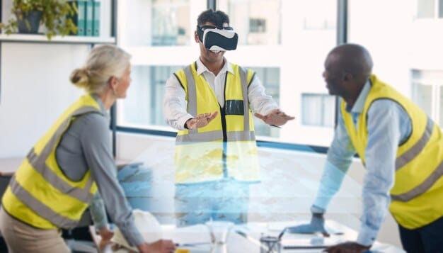 A worker wearing a VR headset and interacting with a virtual control panel. The scene shows a simulated industrial environment with safety warnings and interactive elements.