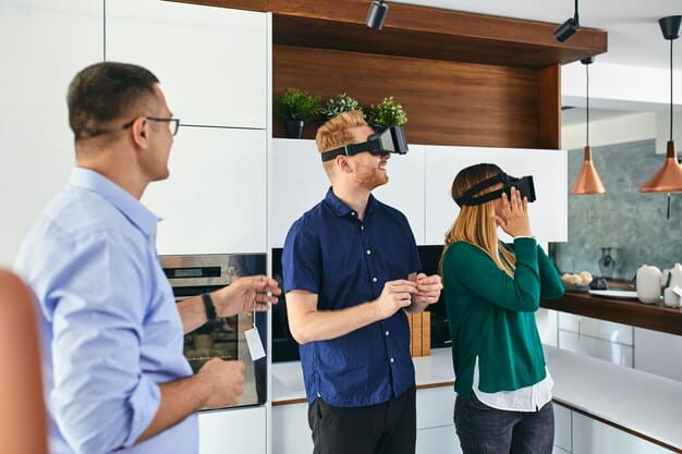 A family collaboratively designing their kitchen layout using a VR interface on a large touchscreen, discussing different appliance options and configurations.