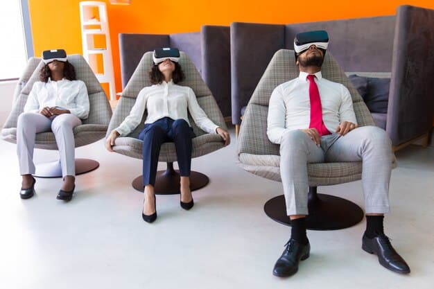 An IT professional setting up a row of VR headsets in a training room, ensuring that each device is properly configured and connected to the network. The image emphasizes the technical preparations required for a successful VR onboarding program.