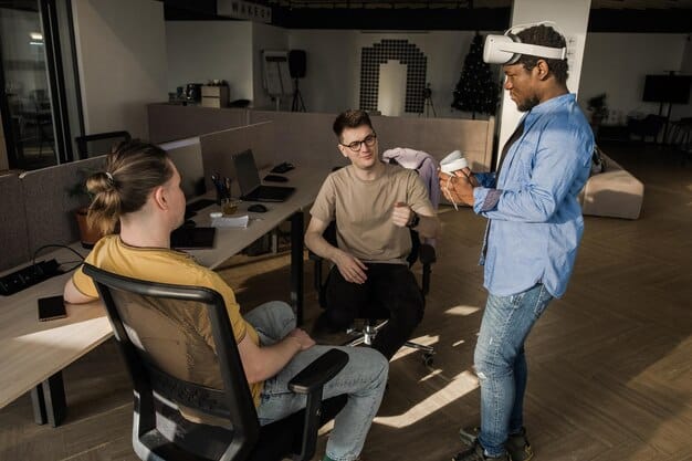 A project manager presenting a budget proposal for a VR onboarding program to a team in a conference room. The image highlights the financial considerations and planning involved in implementing immersive training technologies.