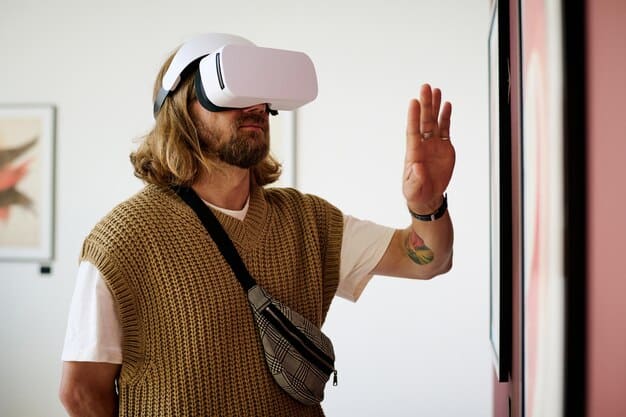 A close-up shot of a hand interacting with a virtual interface inside a VR headset. The interface shows various design parameters and options for a virtual prototype of a smartphone.