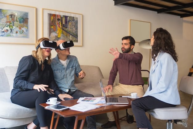 A team of designers collaborating in a virtual reality environment, reviewing a 3D model of a new product. The virtual environment is displayed on a large screen, and the designers are using hand gestures to interact with the model.