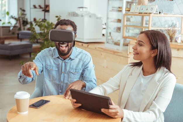A virtual customer service agent assisting a customer with a product demonstration in a VR setting, showing the user how to operate a complex machine. The agent is pointing at different parts of the machine, and the customer is following along attentively.