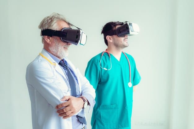 A medical professional in a virtual consultation with a patient, using VR to explain a complex medical procedure. The professional is using hand gestures to illustrate the procedure, and the patient is watching attentively.
