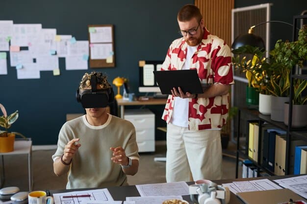 A team of marketers collaborating in a creative workspace, brainstorming ideas for a VR ad campaign. The scene is filled with sketches, storyboards, and VR headsets, showcasing the innovative process.