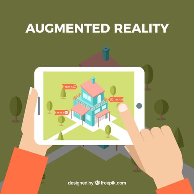 A detailed floor plan of a modern house, rendered in 3D, floating above a tablet held by a real estate agent. Arrows and annotations highlight key features and dimensions.