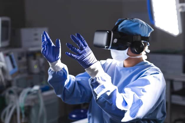 A surgeon wearing a VR headset, performing a simulated surgery in a high-tech training environment. The scene highlights the precision and realism of VR-based medical training, with medical staff observing and monitoring the simulation.