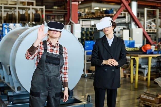A group of manufacturing workers using VR headsets to assemble a complex machine in a virtual factory setting. The scene showcases the detailed and realistic simulation, allowing for hands-on training without the risks associated with real equipment.