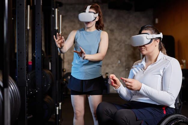 A physical therapist guiding a patient through a VR-based rehabilitation exercise, with the patient wearing a VR headset and using motion capture gloves.
