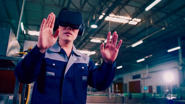 A worker in a manufacturing plant wearing a VR headset, with a holographic overlay showing step-by-step instructions for assembling a complex component. The image should convey a sense of precision and efficiency.
