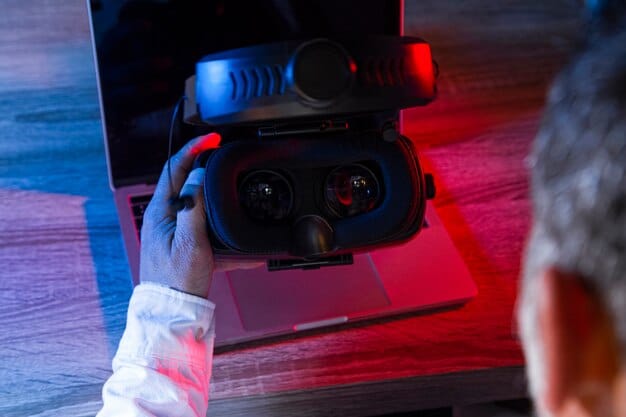 A close-up shot of a worker's hands assembling a small electronic component while wearing a VR headset. The holographic overlay provides precise guidance on the placement and connection of each part.