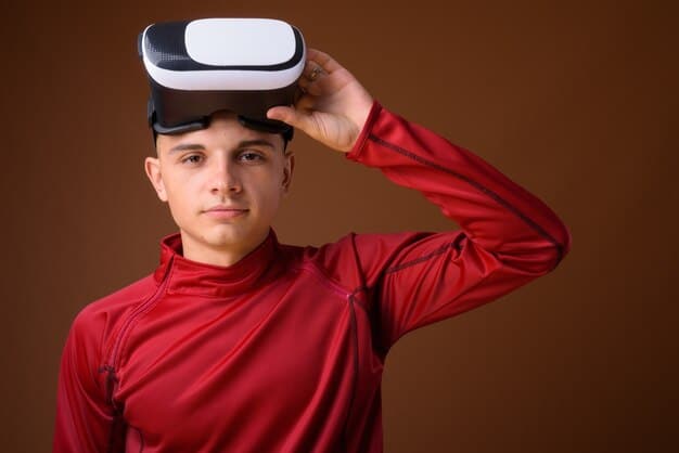 A close-up shot of a student wearing a VR headset, fully engrossed in a virtual science experiment. The student is smiling, with a focused expression, and the VR headset reflects the vivid colors of the virtual environment.