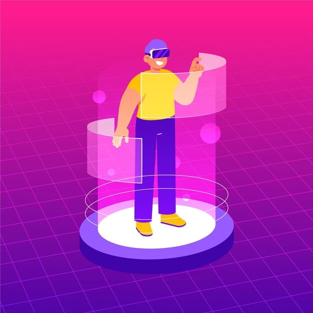 A person wearing a VR headset with a superimposed grid representing a safe physical space. Include cautionary symbols and text related to user safety and limiting VR session duration.