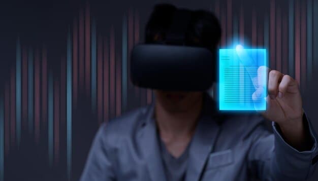 A digital representation of data flowing through a VR headset, with security protocols and encryption symbols visible in the data stream. This symbolizes the data being captured and the need for secure transmission and storage.