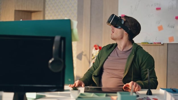 A screenshot of the Unity editor showing a developer working on a VR project. The scene includes 3D models, scripts, and the Unity interface elements like the scene view and project panel. The lighting and shading in the VR environment are visible, indicating the graphical capabilities of Unity.