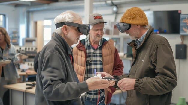 A high-angle shot of a workshop setting, with several engineers and technicians wearing VR headsets and assembling complex machinery. The virtual overlays from the VR system guide their actions, providing step-by-step instructions and real-time feedback on their progress. The image illustrates how VR is enhancing precision and efficiency in industrial assembly and training.