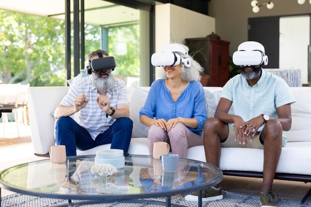A diverse team of professionals in a US office using VR headsets and controllers to collaborate on a 3D design project. The scene emphasizes teamwork, innovation, and the potential of VR to enhance communication and productivity in a business environment.