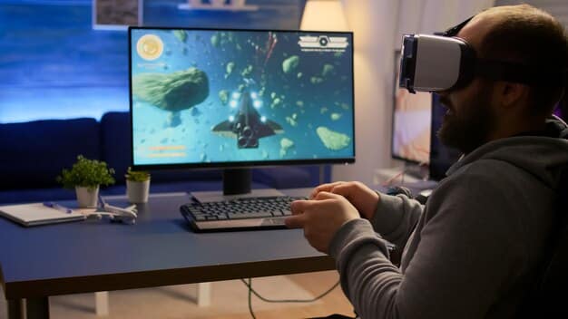 A data analyst working on a computer, with a VR headset sitting nearby. The screen displays graphs and tables analyzing VR ROI, highlighting the use of data-driven insights to measure and optimize the impact of VR initiatives on business performance.