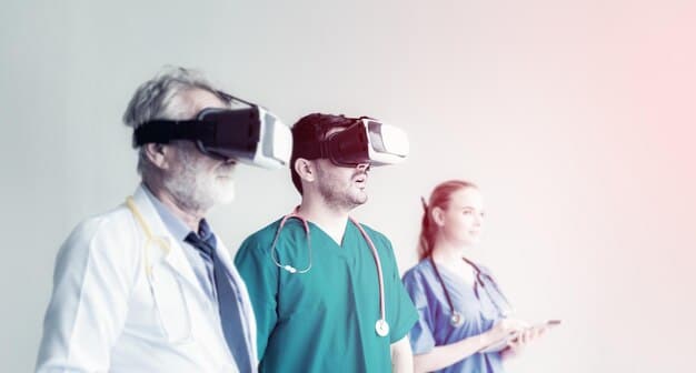 A doctor using AR glasses to view a patient's medical records and vitals during a consultation, with the data overlaid on the real-world view.
