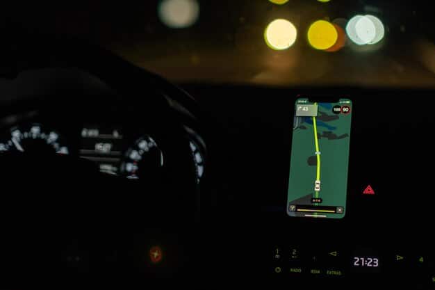 A close-up shot of a head-up display (HUD) in a car, showing AR navigation elements overlaid on the windshield. The AR display includes arrows indicating the next turn, speed limit information, and a warning icon for a nearby pedestrian crossing.