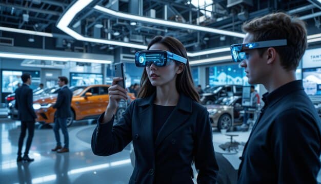 Two engineers in different locations collaborating on a holographic car design using AR headsets. They are pointing to different components of the design, discussing modifications. This illustrates how AR facilitates collaborative design reviews and enhances teamwork.