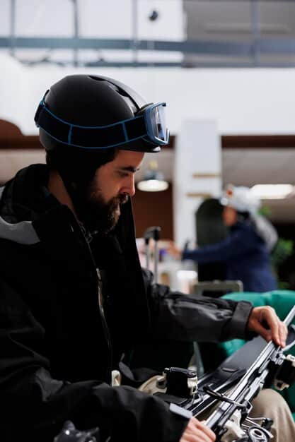 A close-up of a manufacturing worker wearing AR glasses. The AR interface displays a step-by-step guide on how to perform maintenance on a complex machine, highlighting specific parts and tools.