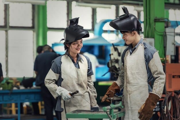 A group of manufacturing workers in a classroom setting, all wearing AR headsets. They are collaboratively working on a virtual assembly task, with their hands moving in sync as they manipulate virtual objects.