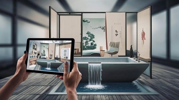 A bathroom interior being redesigned using an AR app on a smartphone. The phone screen shows a virtual shower stall and new tiling options overlaid on the existing bathroom space.