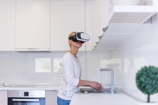 A person wearing augmented reality glasses while standing in their kitchen. The glasses overlay digital visualizations of new countertop materials and cabinet designs onto the existing kitchen.