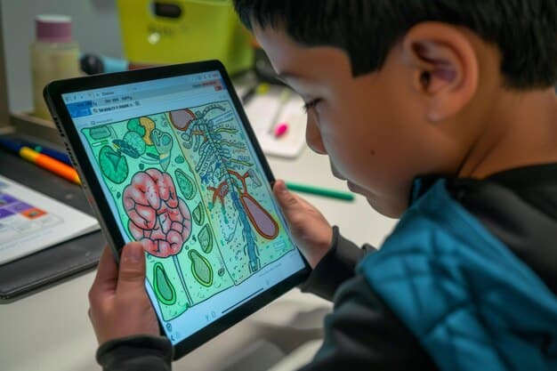 A close-up shot of a student using an AR app on a tablet to explore a 3D model of the human heart. The background shows a typical US high school biology classroom with anatomical charts and models.