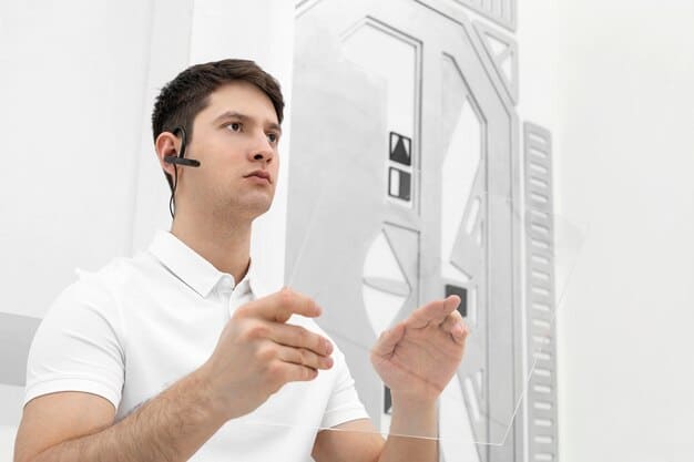 A call center agent using an AR interface to remotely guide a technician repairing a complex machine. The AR interface displays schematics, real-time data, and step-by-step instructions overlaid on the technician's view.