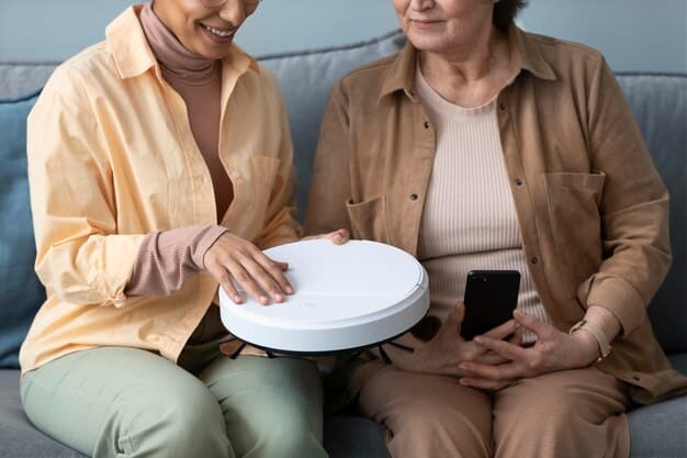 An elderly customer successfully setting up a new smart home device with the help of an AR-guided customer service agent, showiing increased accessibility. The AR overlay provides clear, user-friendly instructions on the device itself.