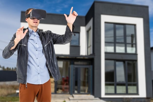 A potential home buyer wearing an AR headset and experiencing a virtual tour of a property. Architectural renderings blend seamlessly with the physical environment.