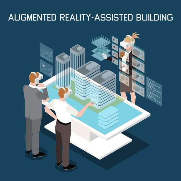 An augmented reality interface projected onto a construction site, showing potential buyers a 3D model of a condo unit superimposed on the physical space.