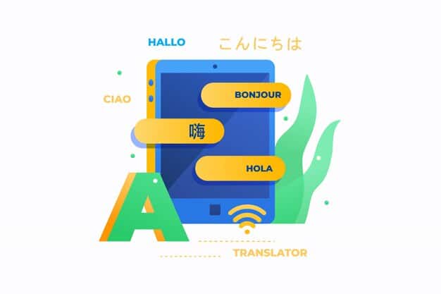 A screenshot of an AR language learning app interface, showing a virtual object (e.g., a table) overlaid on a real-world surface (e.g., a living room floor). The app displays the word 