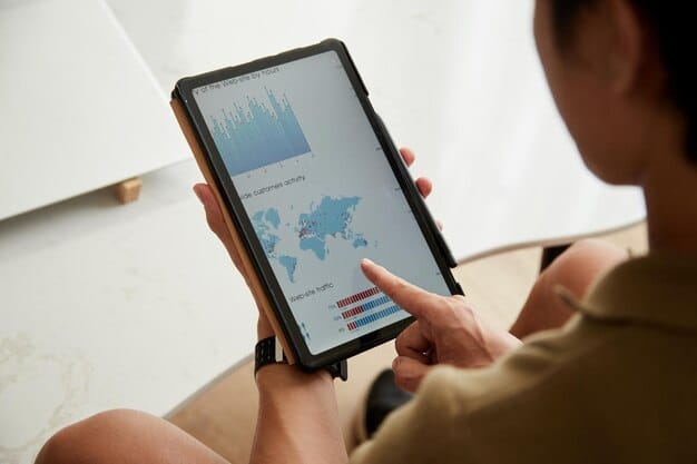 A close-up of a tablet screen showing an AR application where a user is virtually redecorating a living room with furniture of different styles and colors. The AR furniture blends seamlessly with the real-world environment visible through the tablet's camera.