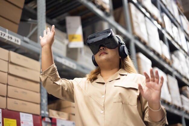 A close-up of a warehouse worker wearing AR glasses, scanning a barcode on a package. The AR display shows relevant information such as the item's description, quantity, and destination.
