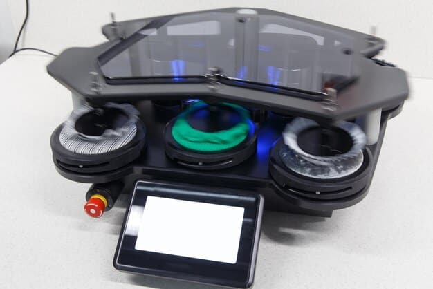 A close-up view of an AR headset screen showing a wire diagram overlaid on a complex array of car wires during automotive repair.