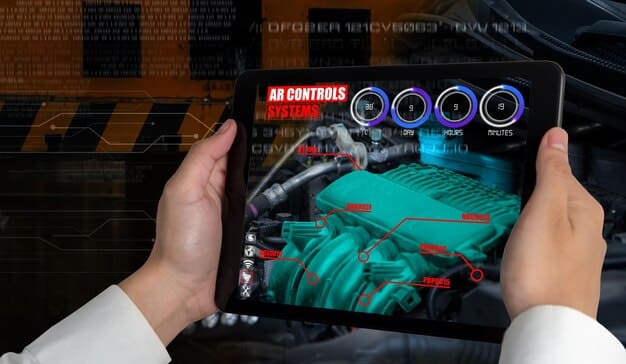 A mechanic using an AR application on a tablet, where the tablet's camera views the engine and the screen overlay provides information about the engine parts and diagnostic procedures.