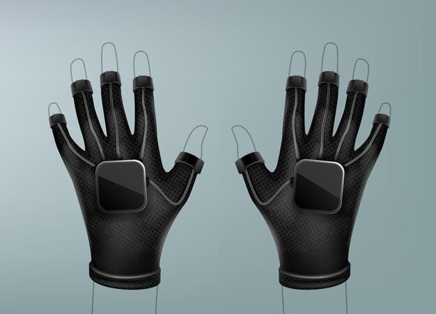 A close-up of a VR glove demonstrating the advanced sensor technology and haptic actuators embedded within the glove's material.