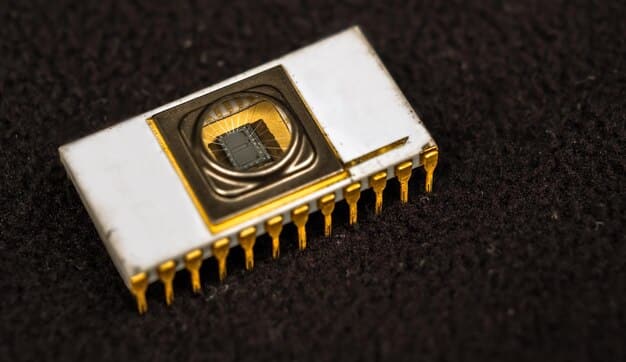 A close-up of a WiGig chip, highlighting its compact size and advanced antenna design. The background is a schematic diagram illustrating its high-frequency signal transmission.