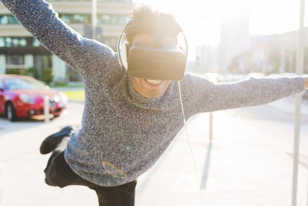 A person using an untethered VR headset in a large, open space, demonstrating the freedom of movement. The person is interacting with virtual objects, with no visible cables restricting their motion.