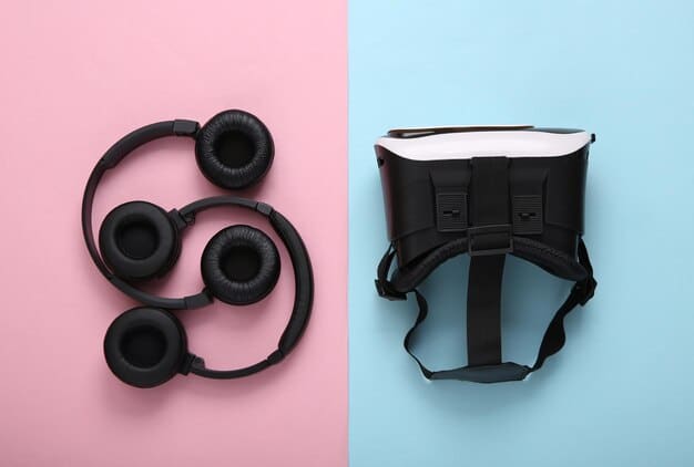 A split image showing bone conduction headphones on one side and a graphic representation of spatial audio waves emanating from a VR scene on the other, symbolizing the comparison of the two technologies.