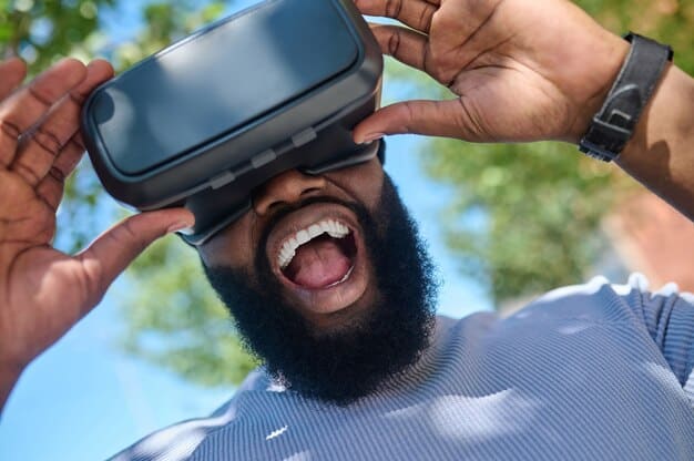 A person smiling and wearing a VR headset with VR lens adapters, showcasing a clear and unobstructed view inside the headset.