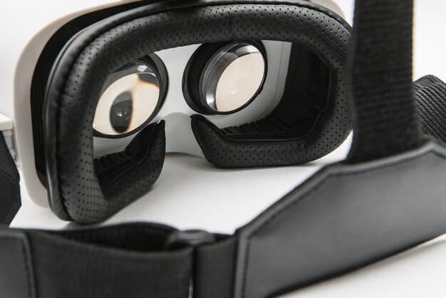 A close-up shot of a VR headset with visible cameras and sensors embedded on the front panel, illustrating its inside-out tracking capabilities. The background is blurred, focusing solely on the headset's technology.