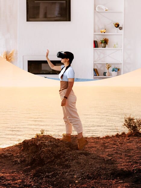 A split visual showcasing a VR setup, with the left side featuring a clean, minimalist room suitable for inside-out tracking, and the right side displaying a more elaborate setup with base stations mounted on tripods, emphasizing base station tracking.