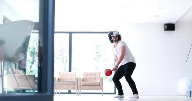 A wide shot of a dedicated VR gaming room, showcasing a clean and organized floor-based VR cable management system. The system uses cable guides and a non-slip VR mat to keep cables neatly arranged and prevent tangling, with the player fully immersed in a VR game.