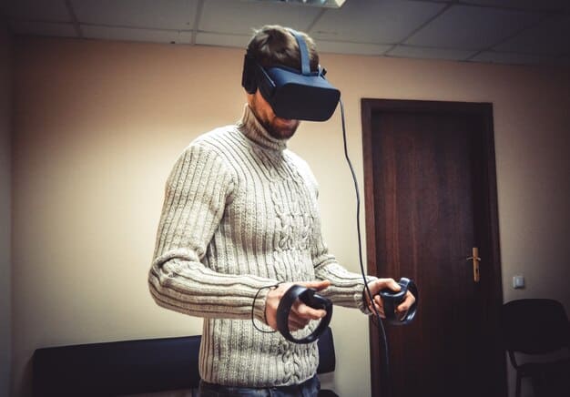 A person wearing a VR headset and holding controllers with textured grips, focusing intently on a game involving precise movements and actions, highlighting the improved accuracy and control.