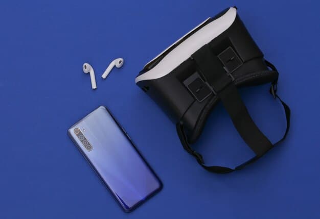 An external battery pack designed for VR headsets, showing its compact size and multiple USB ports for charging VR devices on a table. Include clear details on the battery's capacity and compatibility with different VR models.