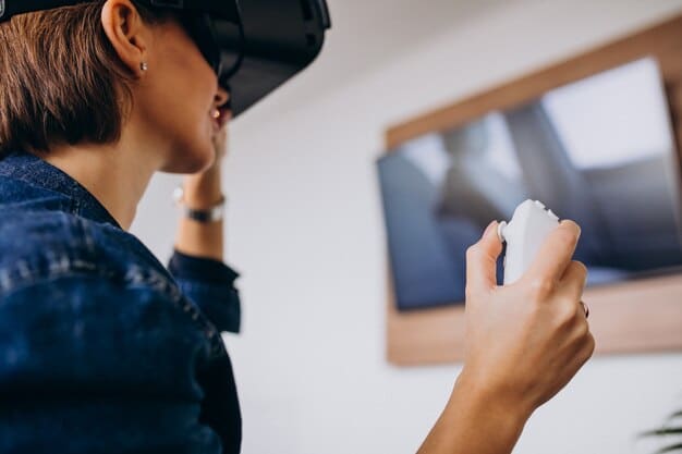 A close-up view of a VR headset user's hands as they manipulate a virtual paintbrush, with a vibrant, glowing stroke of paint emerging from the brush tip. The focus is on the precision and responsiveness of the VR painting experience.